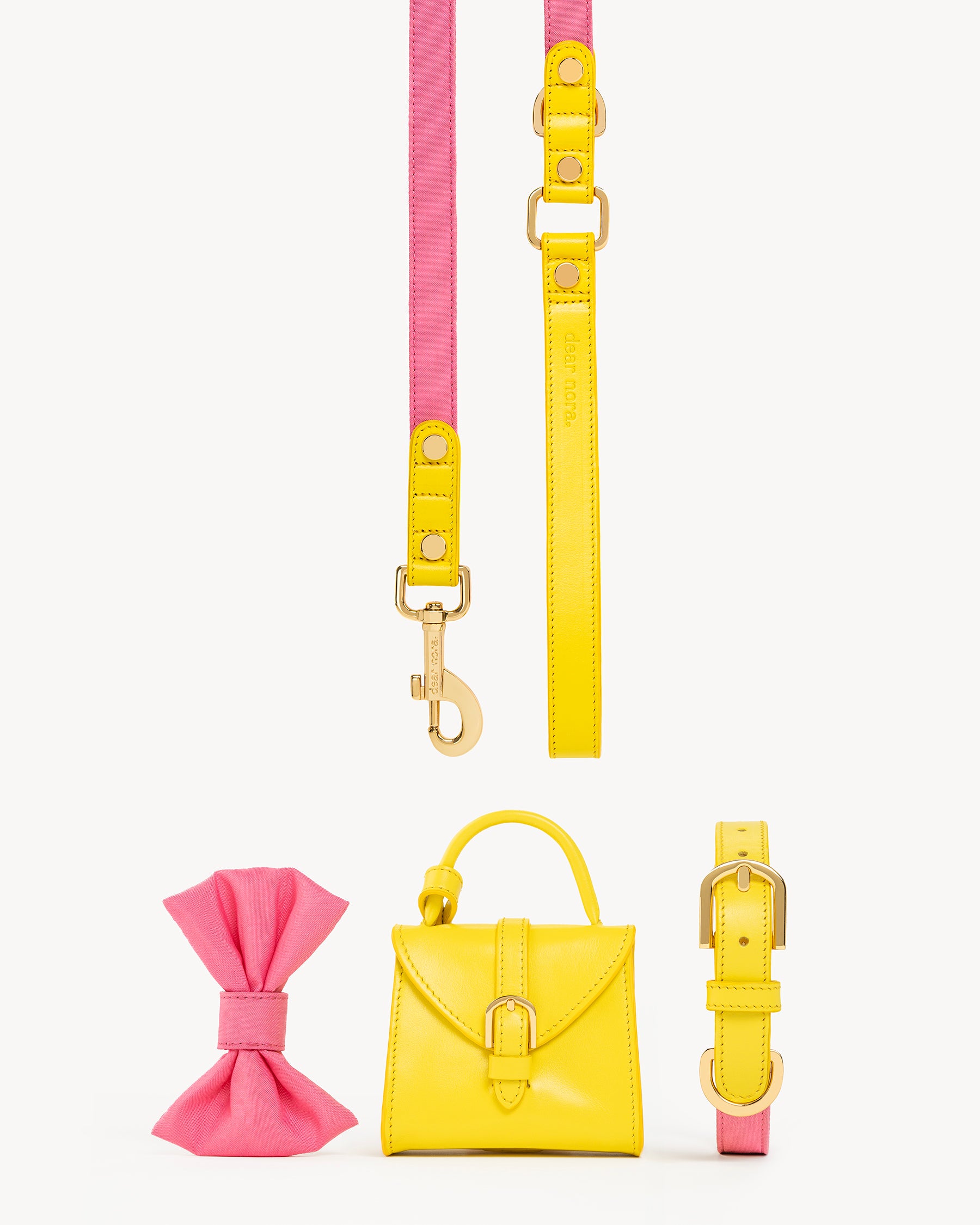 Dear Nora dog accessories set - yellow leather and pink fabric – collar, leash, poop bag holder and bow