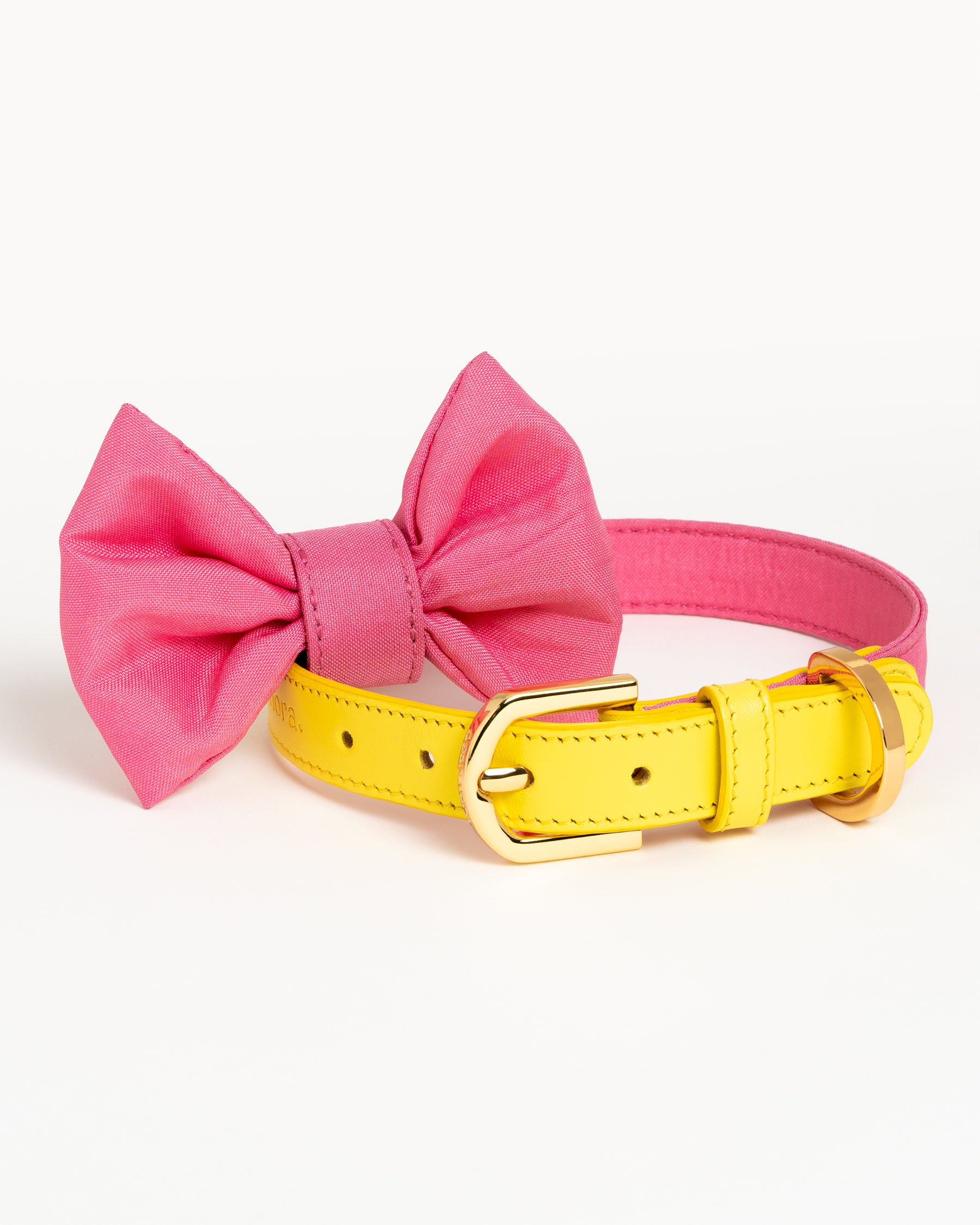 Dear Nora Bubblegum dog collar and bow - yellow leather, pink fabric and 24k plated hardware - front shot