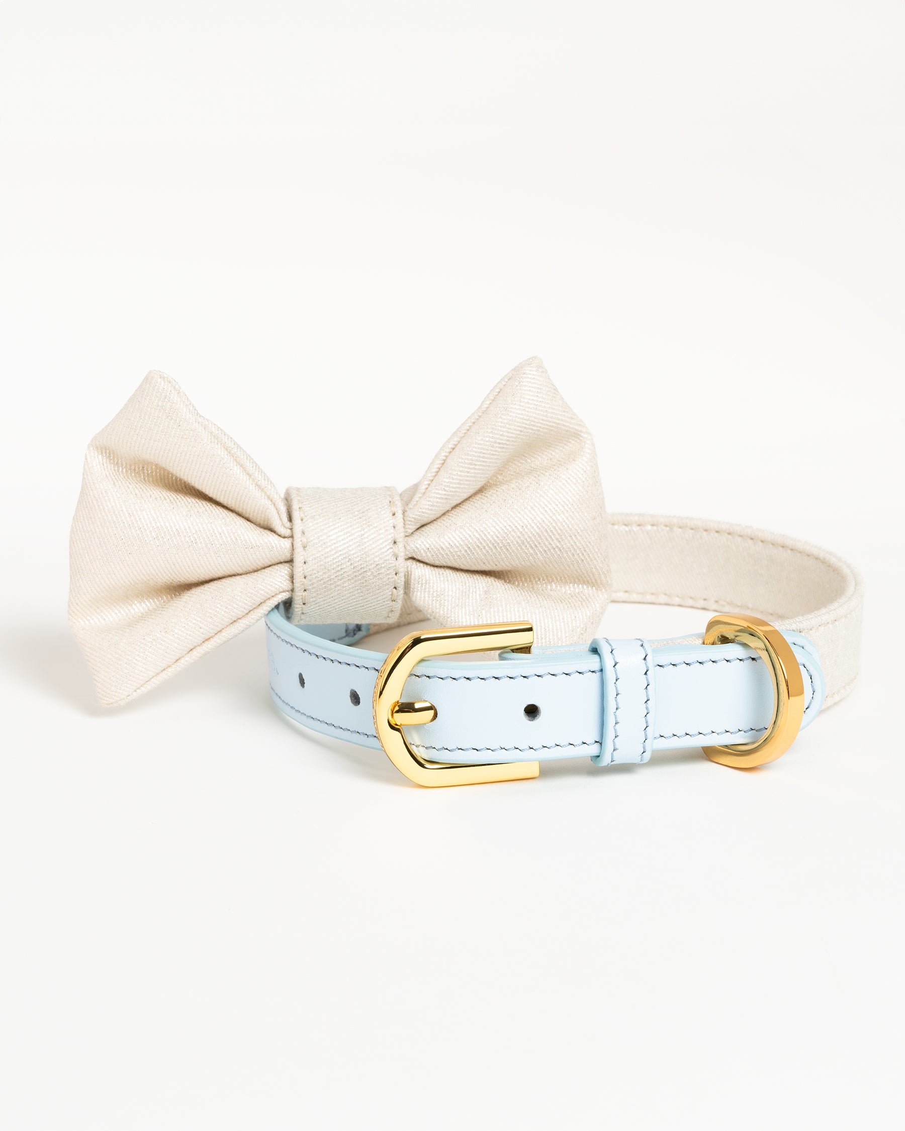 Dear Nora Sapphire dog collar and bow - baby blue leather, cream sparkle fabric and 24k plated hardware - front shot