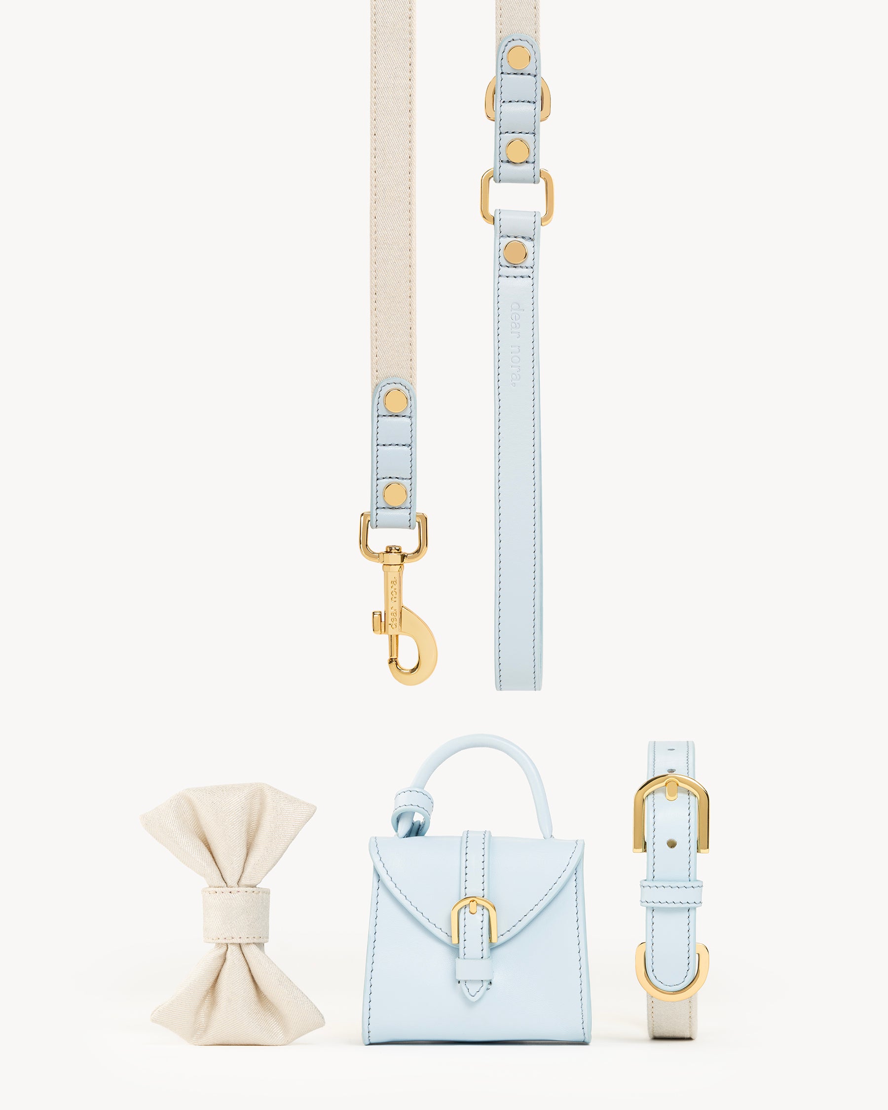 Dear Nora  dog accessories set - baby blue leather and cream sparkle fabric – collar, leash, poop bag holder and bow