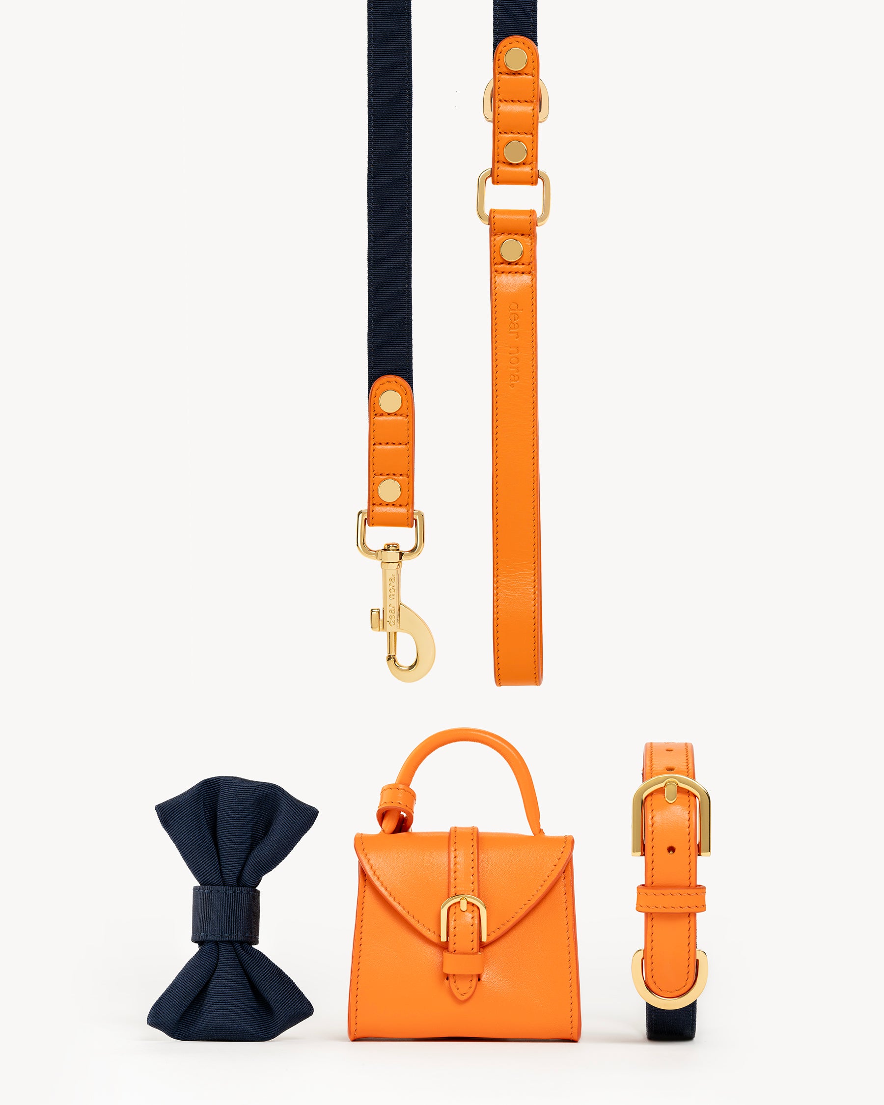 Dear Nora dog accessories set - orange leather and navy blue fabric – collar, leash, poop bag holder and bow